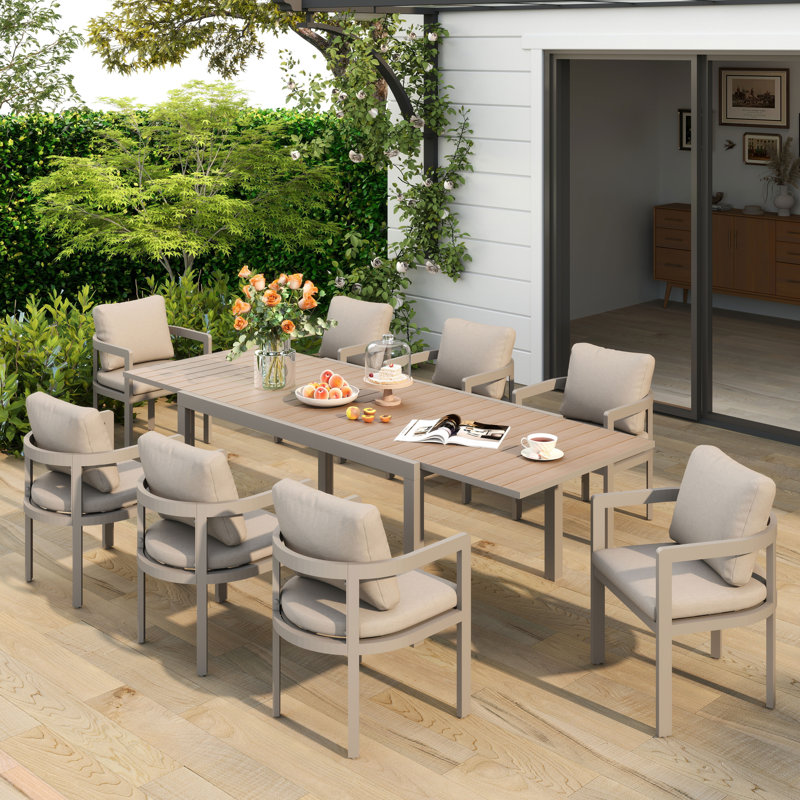 Ensemble repas d'extérieur pour 8 personnes avec table rectangulaire extensible, Beige, 8