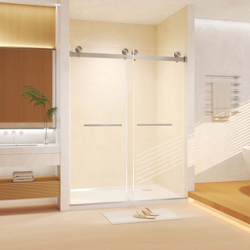 Frameless Double Sliding  Shower Door 44-48 "W X 74" H, 5/16 "(8Mm) Tempered Glass, Explosion Proof Film, Stainless Steel Handle, Square Tube Track