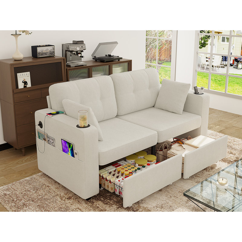 68'' Chenille Sofa With Multi-Functional Armrests, White