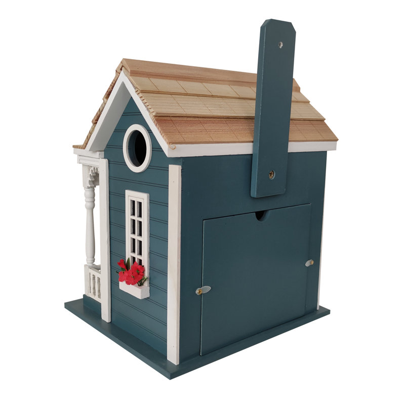 Blue and Red Coastal Cottage Bird House with White Trim