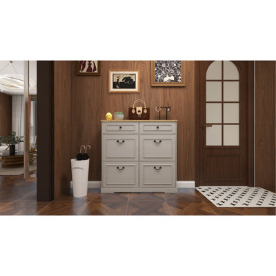 Range-chaussures avec 2 tiroirs, 4 tiroirs rabattables, range-chaussures autoportant avec tablette réglable, range-chaussures pour vestibule, vestibule, range-chaussures mince - blanc antique