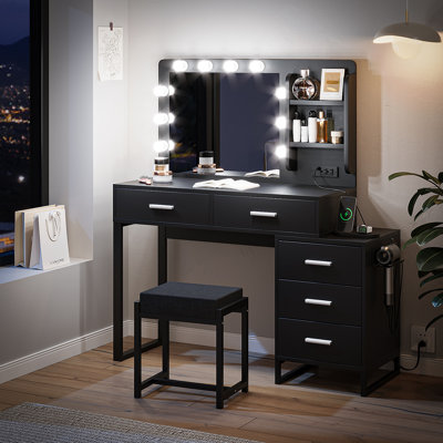 47" Vanity Desk With Lights, Makeup Vanity Set With Charging Station, Dressing Table With 5 Drawers And Cabinet, Vanity Mirror 3 Lighting Colour Adjustable, Black