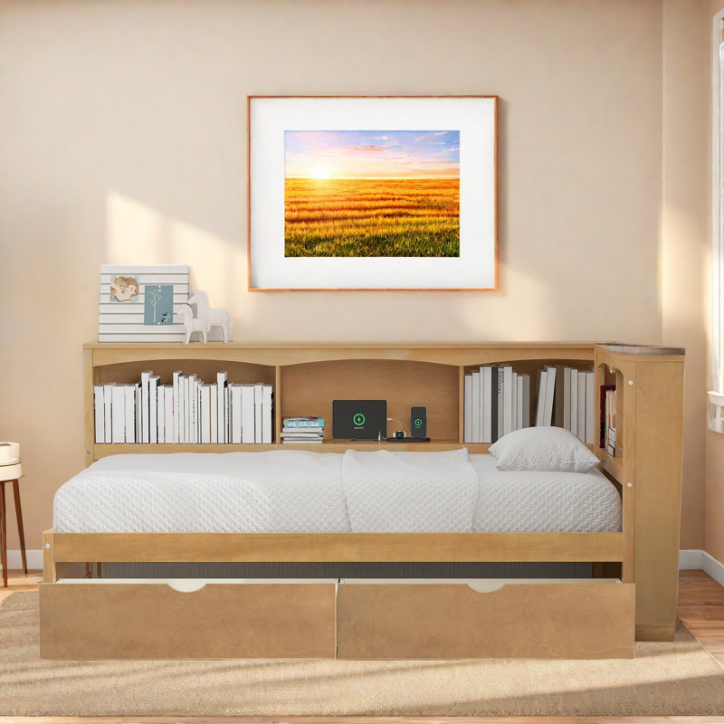 Daybed With Two Storage Drawers, 5 Built-in Cabinets And Usb Ports, Natural