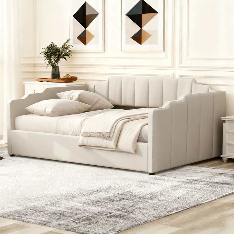 Upholstered Daybed with Underneath Storage, Beige