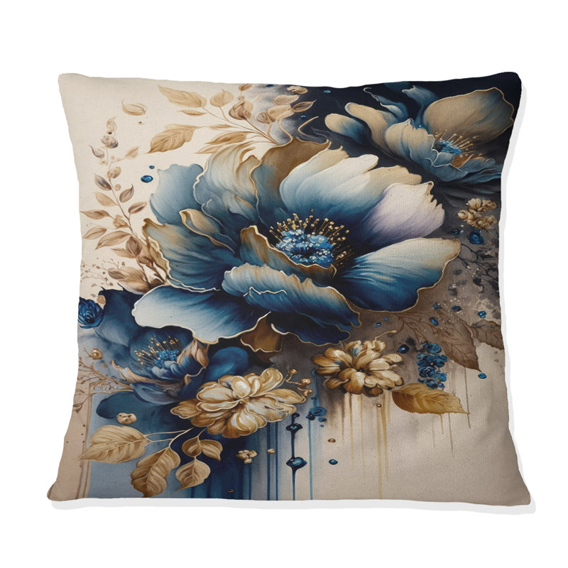 Coussin décoratif imprimé floral bleu et doré III