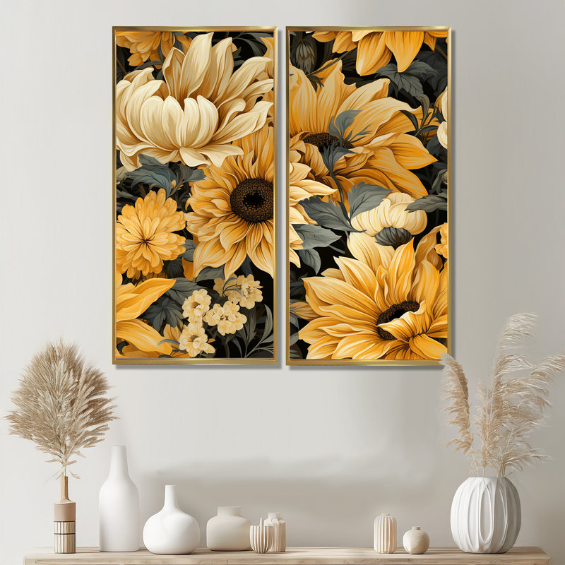 Motif de tournesol jaune rustique - 2 impressions sur toile jaune, H 20 po x l 24 po, Impression encadrée flottante, Doré