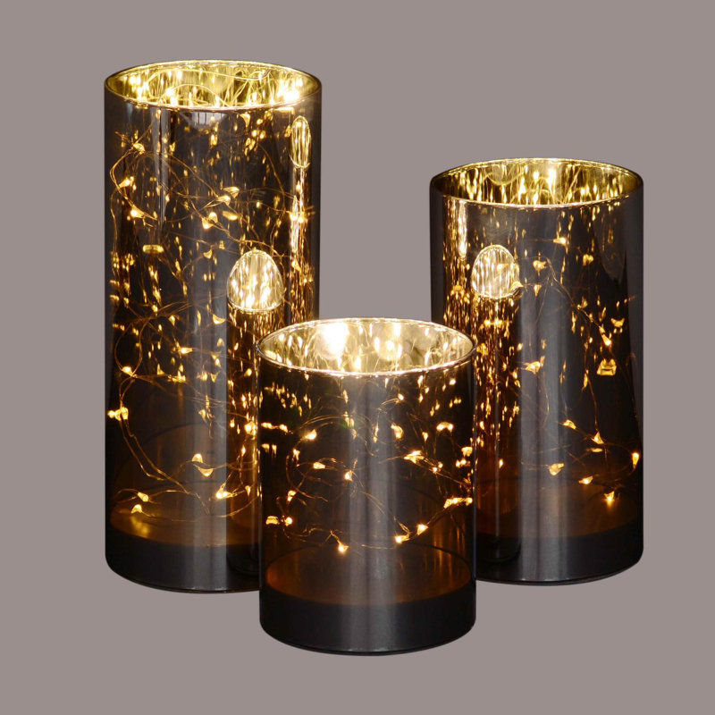 Ensemble de 3 bocaux en verre à DEL noir et jaune à pile 9 po