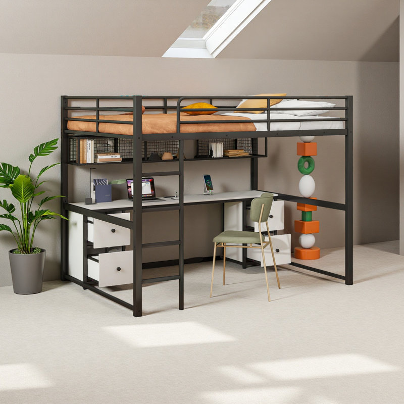 Lit mezzanine double en métal avec bureau, Noir / blanc