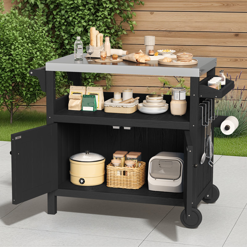 HDPE Bar Cart Portable Outdoor Table Made of Durable Wood-look Resin And Stainless, Black