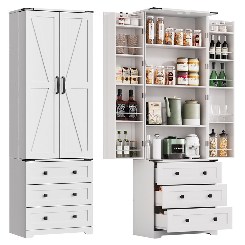 Garde-manger autoportant en bois, portes de grange, tiroirs et tablettes réglables, Blanc