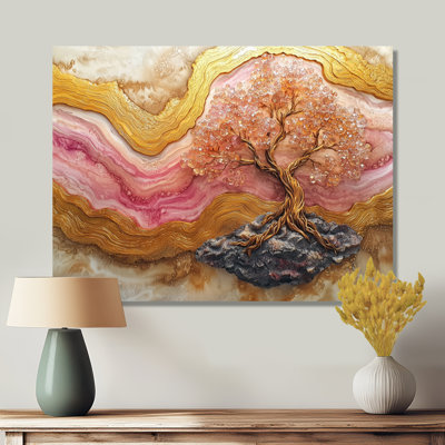 Arbre de vie infini en marbre rose doré doré - reproduction d'arbre de vie sur métal