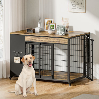 42-Inch Double Wide Wooden Double-Door Dog Crate Side Table Combo - Heavy-Duty DIY Assembly, Chew-Resistant Construction, Indoor Living Room Functional Home Decor Furniture for Large Breeds