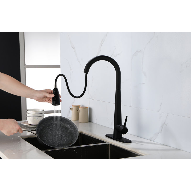 Robinet d'évier de cuisine rétractable à poignée simple en acier inoxydable, colorant noir mat, buse à grande arche rotative à 360 °, trois options de débit d'eau, jet, température et débit faciles