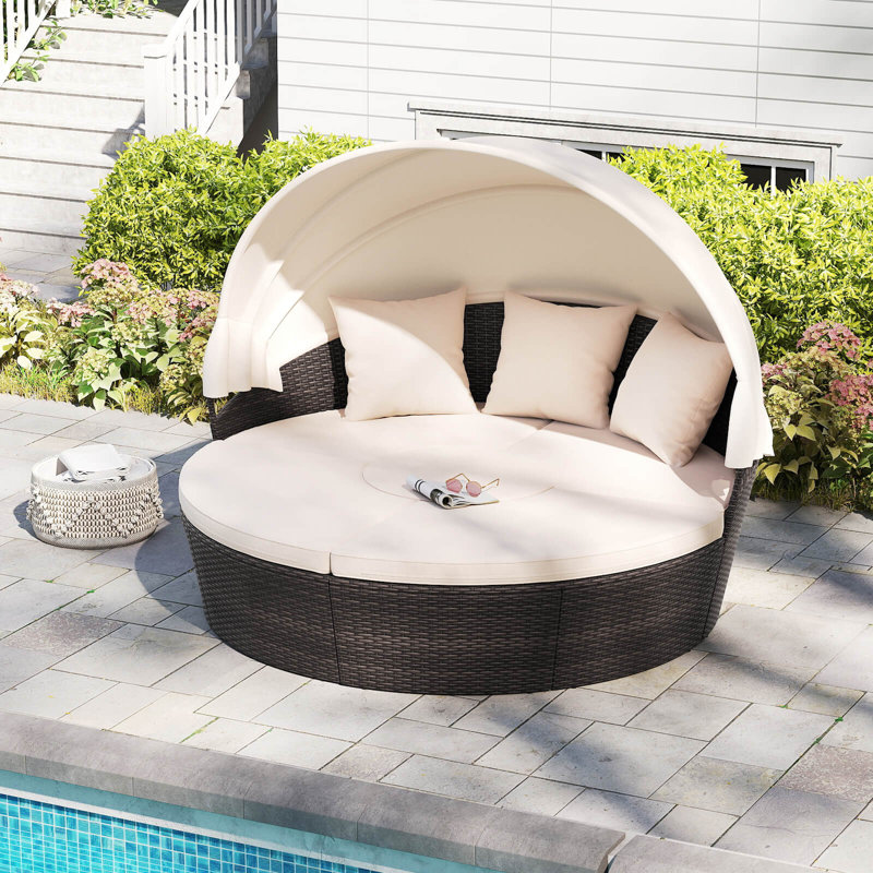 Patio Round Daybed Pe Rattan Cushioned Sectional Seating With Retractable Canopy
