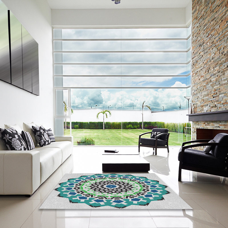 Tapis bleu/vert tissé à la machine, Carré 5 pi