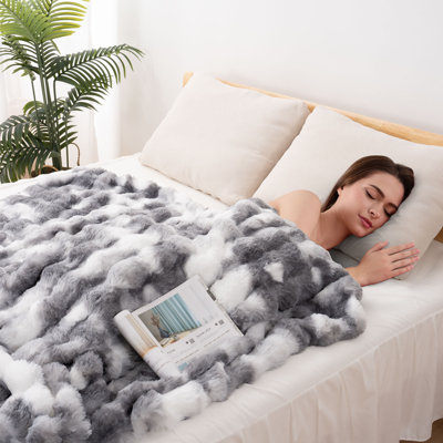 Thick Ribbed Faux Rabbit Fur Cozy Reversible Throw Blanket,Super Soft 3D Striped Fuzzy Cozy Blankets,Blue,108"x 90"
