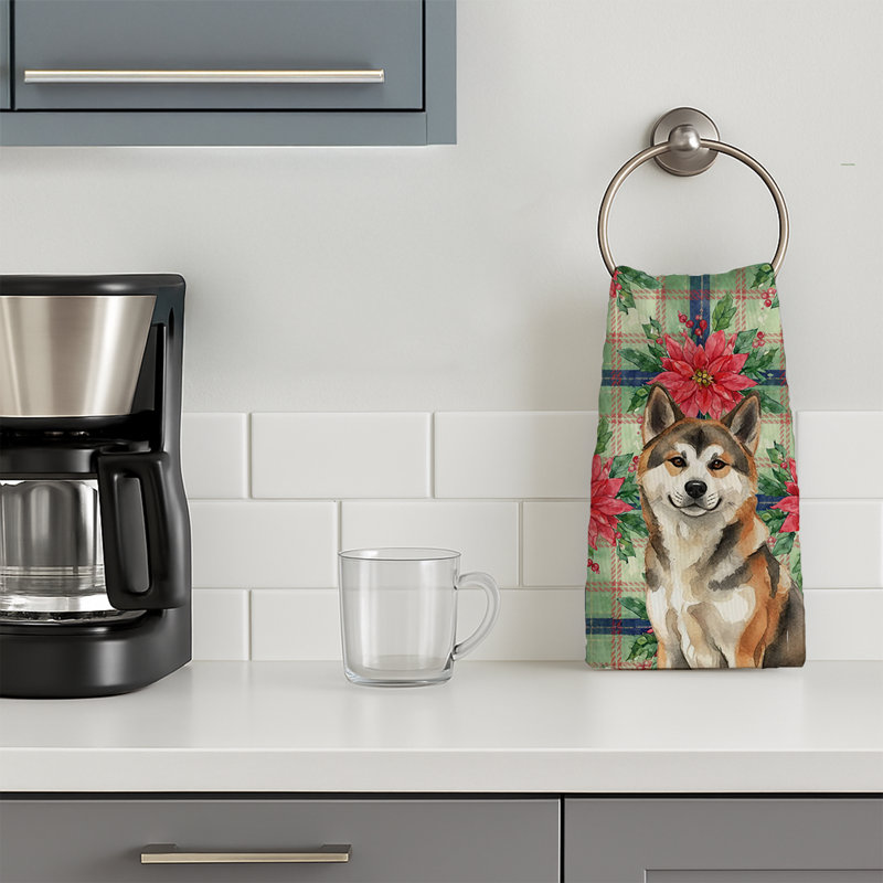 Sesame Akita Christmas PoinsettIas Kitchen Towel, Sesame Akita