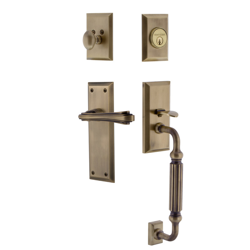 Nostalgic Warehouse New York Plate F Grip Handleset with Single Cylinder Deadbolt and Fleur Lever, Antique Brass, 2 3/8"