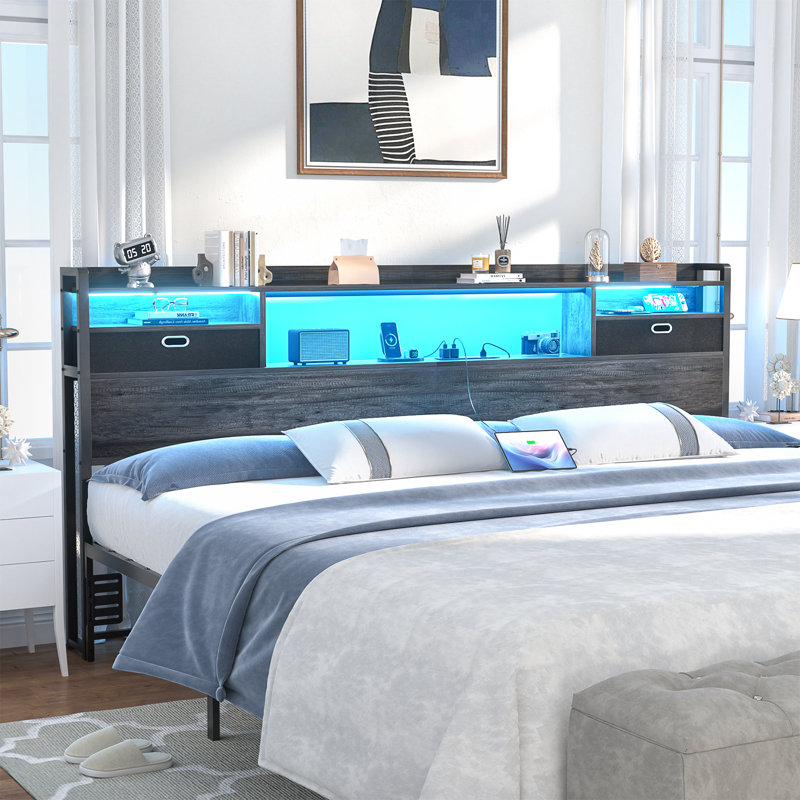 Têtes de lit en métal de 45,3 po de hauteur avec draps en tissu, prises, ports USB et lumières DEL, Gris, Très grand