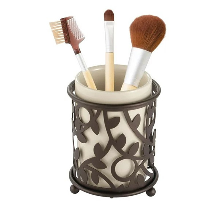 Mdesign Ceramic/metal Bathroom Soap, Toothbrush, Cup, Set Of 3, Vanilla/bronze