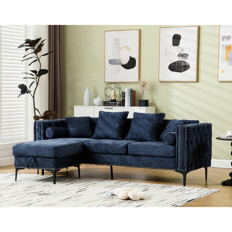 Canapé modulaire en L avec chenille, accoudoir carré, rangement en chenille bleu 3 places, Bleu
