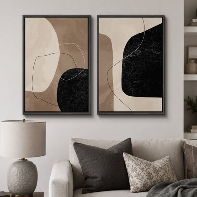Forme Mid-Century «brun chaud et noir délavé, lignes abstraites, images murales modernes minimalistes neutres, impression sur toile encadrée 2 pièces, 16 x 24 x 2, 24 x 36 x 2