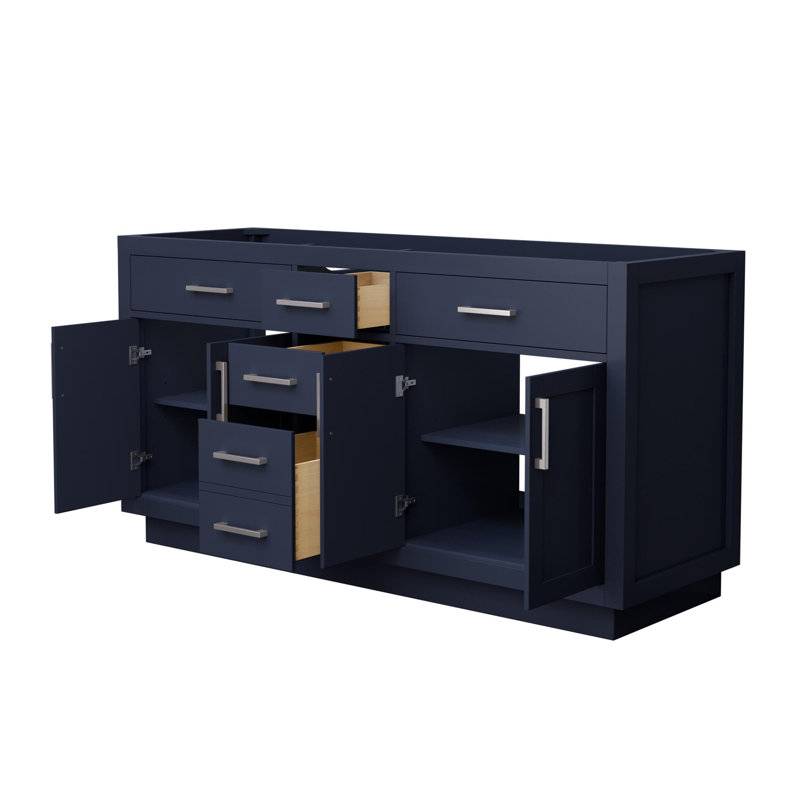 Base de meuble-lavabo double autoportante de 65 po Beckett seulement, Bleu foncé / nickel brossé