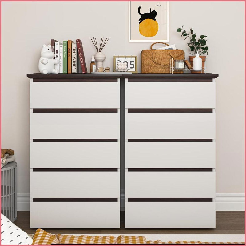 Commode de rangement moderne à 5 tiroirs pour commode, blanc et amp; Noyer | Panneau de particules | Blanc