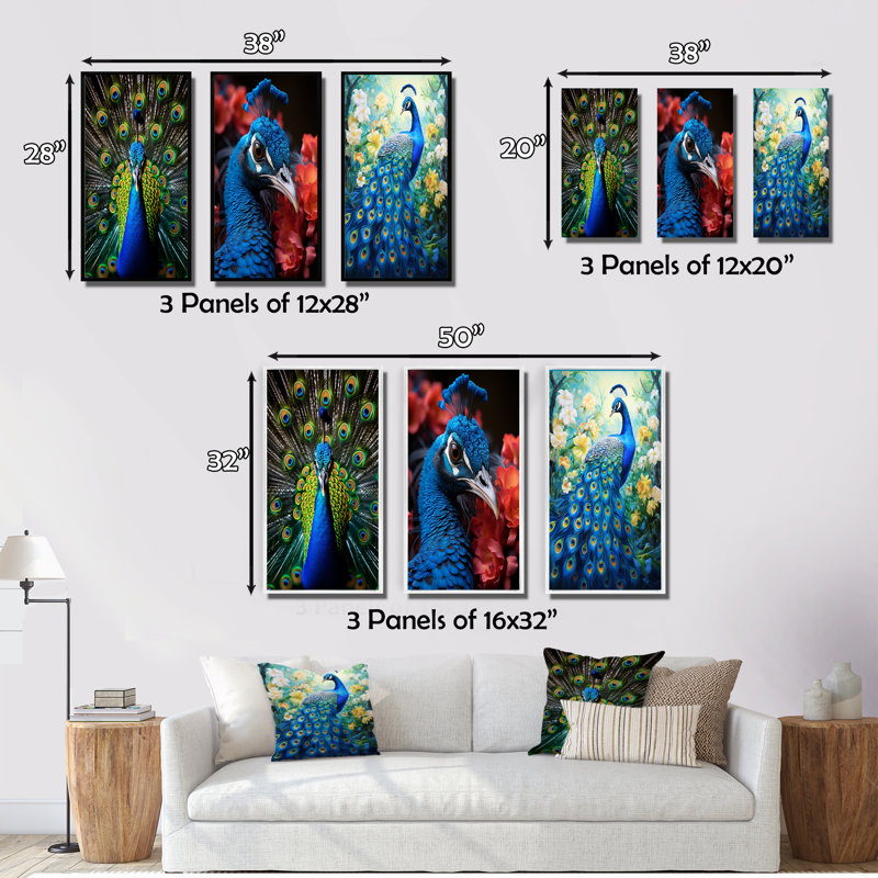 «Teal Radiant Peacock», 3 pièces sur toile, Toile tendue, H 40 po x l 60 po