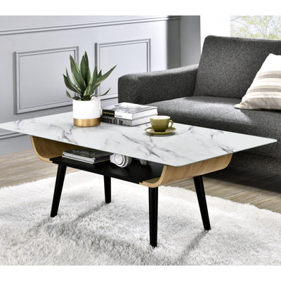 Table basse Landon de 47 po avec plateau en verre marbré blanc et bois cintré