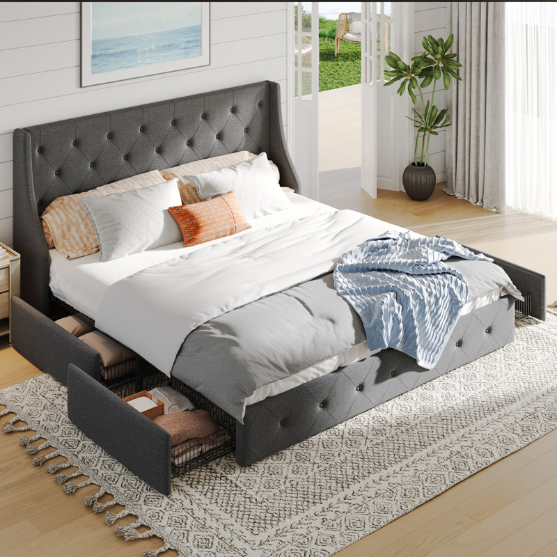 Lit plateforme tapissier Brij, Gris foncé, Très grand