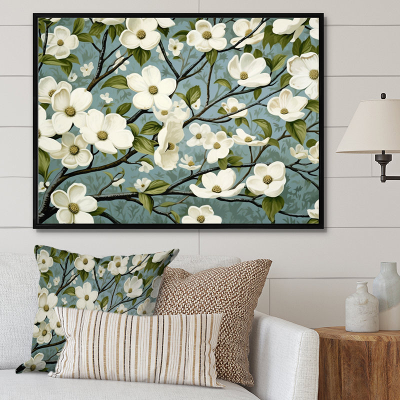 " White Teal Dogwood Elegance ", 30" H x 40" W x 1.5" D, Black Floater Framed