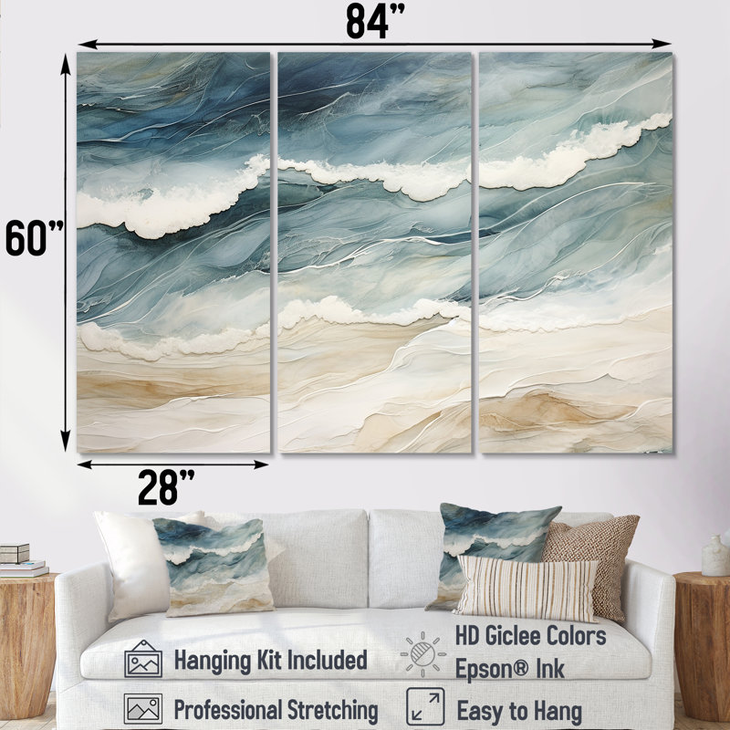 Bleu moderne et beige sable, vue aérienne III - ensemble de reproduction d'art sur la plage côtière, Toile tendue