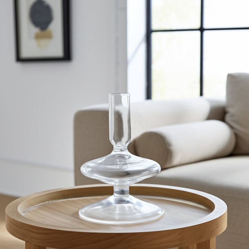 Sculptural 5" Glass Candle Holder - Modern Tabletop Candle Holder with Rounded Accent Base, Clear