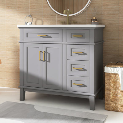 Ensemble de meuble-lavabo sur pied 36 po avec cadre en bois massif et panneau de fibres à densité moyenne avec plateau intégré en céramique