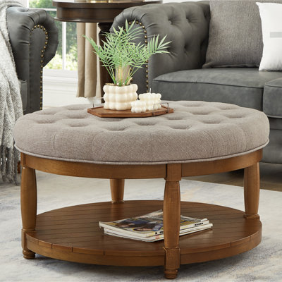 Large Upholstered Footrest, Classic Linen Color, 300 - Pound Support Round Footrest , Solid Wood Construction, Easy 5 Minute Assembly