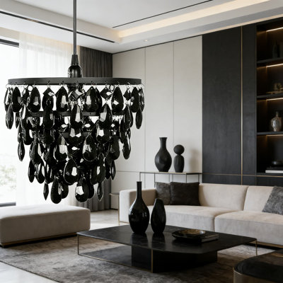 Lustre en cristal à brancher - cadre en métal noir pliable avec cristaux en acrylique, luminaire à brancher à 1 lumière pour une installation facile et un décor polyvalent