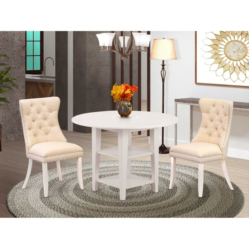 3-Piece Linen White Finish Round Solid Wood Top With Dropleaf Dining Table Set, Beige