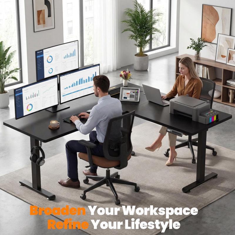 63" L Shaped Electric Height Adjustable L Shaped Standing Desk With Outlets, Black/Black