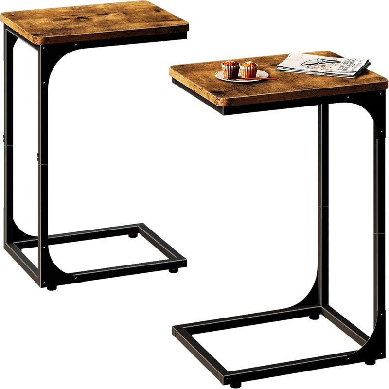Ensemble de 2 tables d'appoint en forme de C, ensemble de tables de bout en forme de C, plateau rustique, brun rustique (017-30BN)