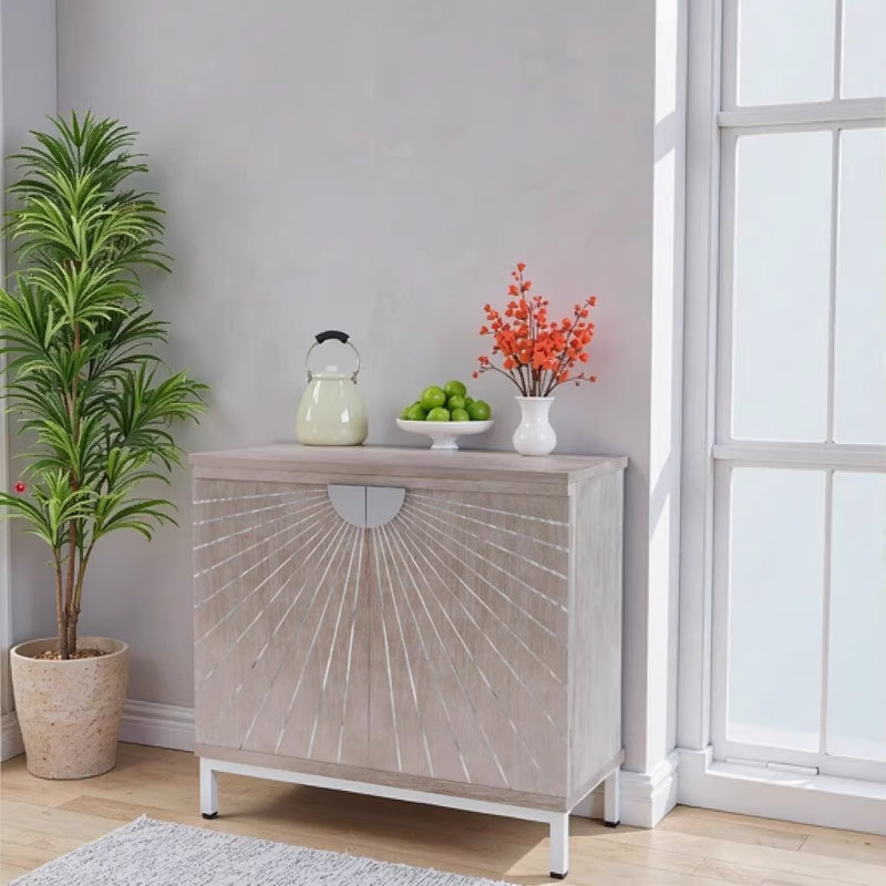 Modern Farmhouse 2-Door Beige Accent Cabinet with Distressed Wood Veneer and Silver Metal Legs for Bedroom Storage