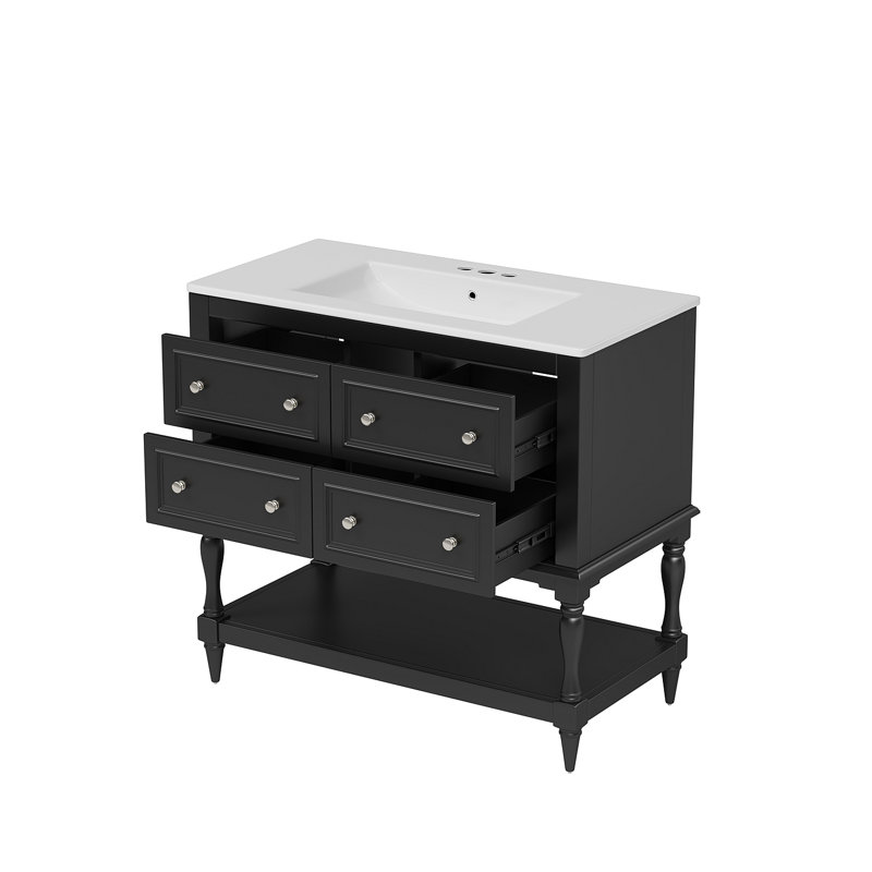 Meuble-lavabo de 36 po avec armoire à pharmacie, armoire à miroir moderne avec tablette réglable, armoire de rangement pour salle de bain à 4 tiroirs, armoire de rangement pour cadre de salle de bain en bois massif