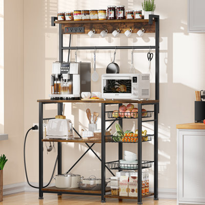 38.8'' Metal Standard Baker's Rack with Power Outlets, Microwave Stand, Coffee Bar, 3 Wire Baskets, 15 Hooks