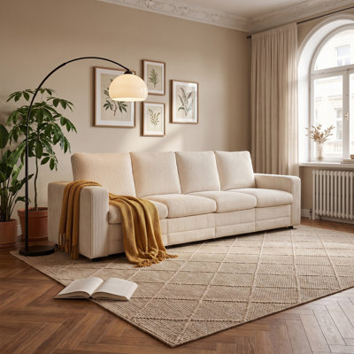 4-Seater Straight Sofa, Fabric Upholstered Stationary Couch For Living Room