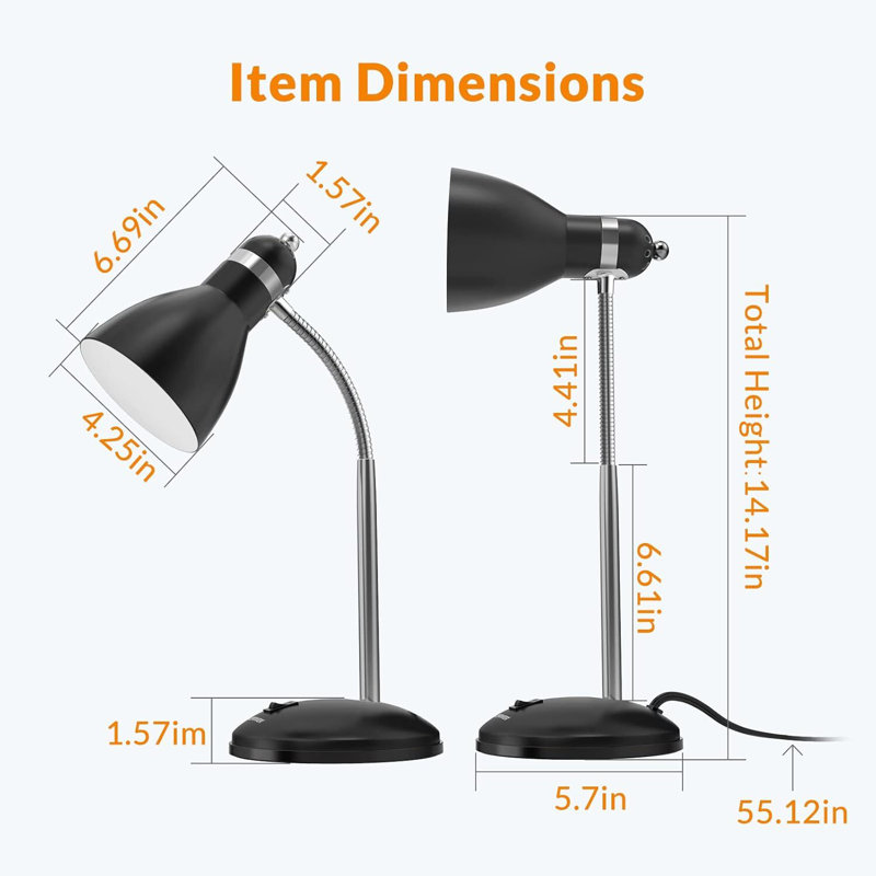 Metal Desk Lamp, Adjustable Gooseneck Reading Lamp For Home, Office, Bedroom, Black