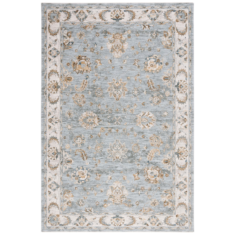 Tapis oriental en polyester fabriqué à la machine en bleu / or, Rectangle 8 pi x 10 pi