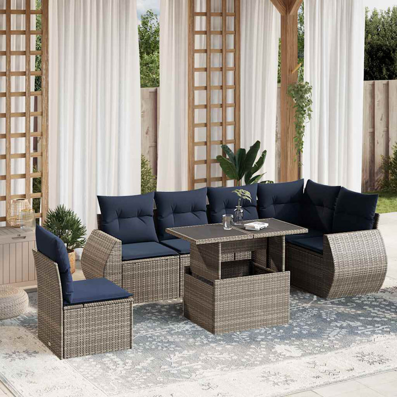 Ensemble de canapé de patio 7 pièces avec coussins en rotin de polyester, Gris, Marine