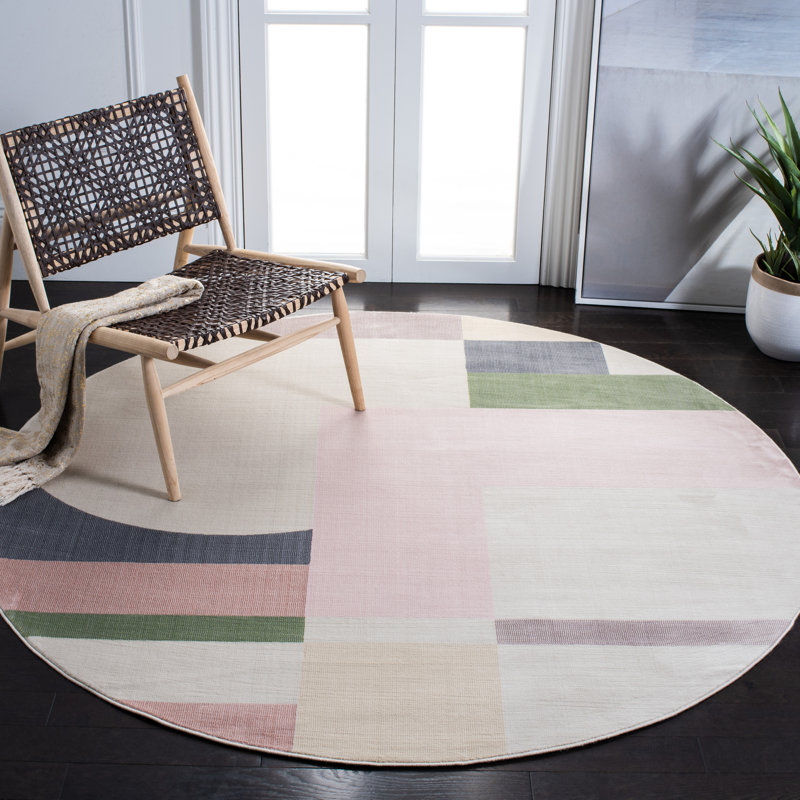 Tapis géométrique beige / rose / bleu foncé Anais, Rond 5 pi 3 po