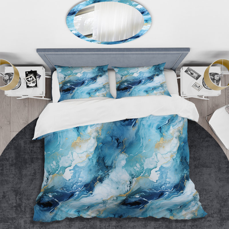 Literie côtière en marbre bleu côtier élégant, Housse de couette simple + 1 taie décorative stan