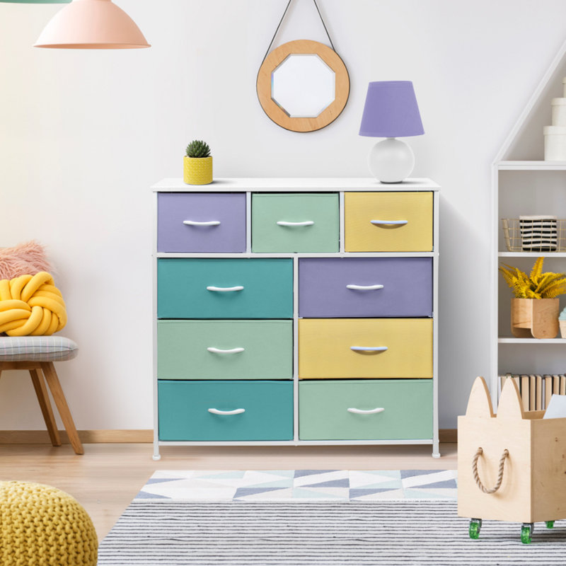 9 Drawers Dresser with Steel Frame and Wood Top, Purple/Yellow/Green
